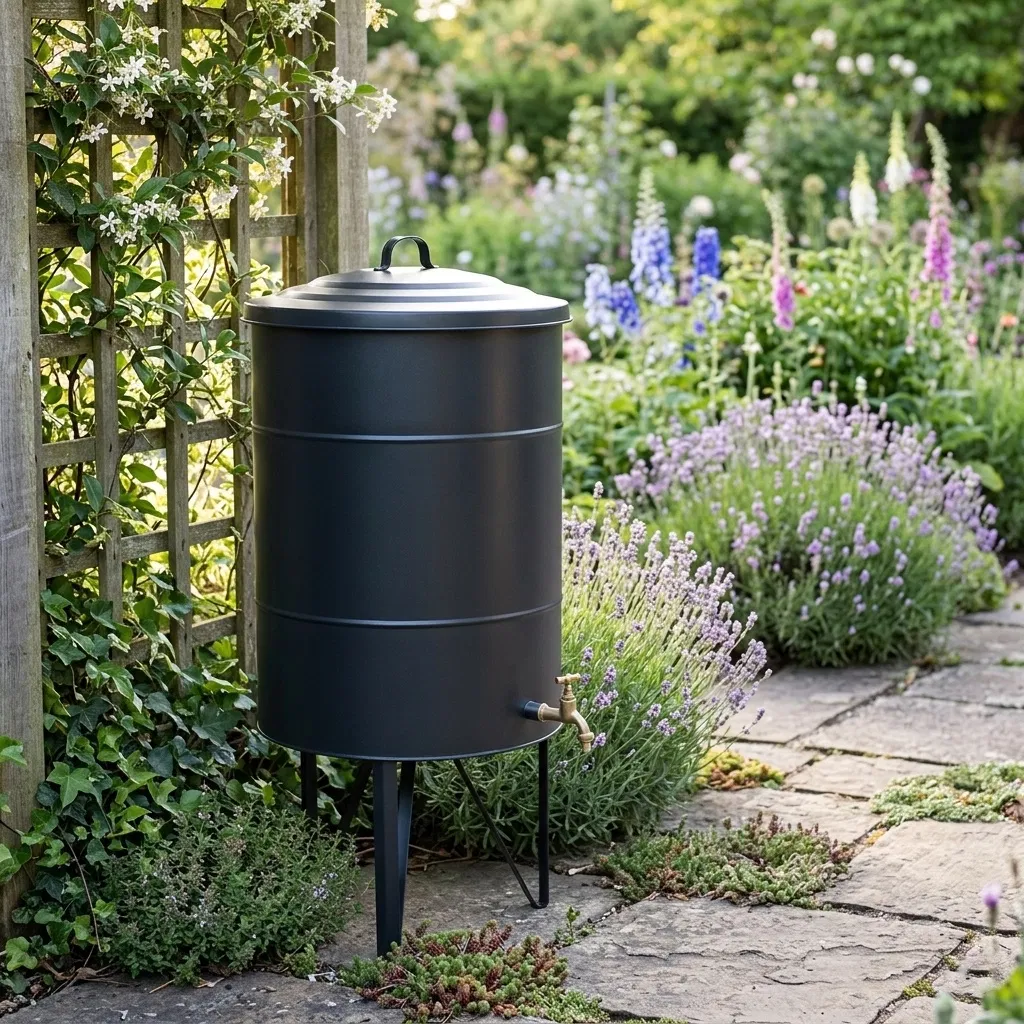 Abode Home & Gifts 100 litre matte black steel water butt styled in a lush cottage garden next to a wooden trellis and lavender plants.
