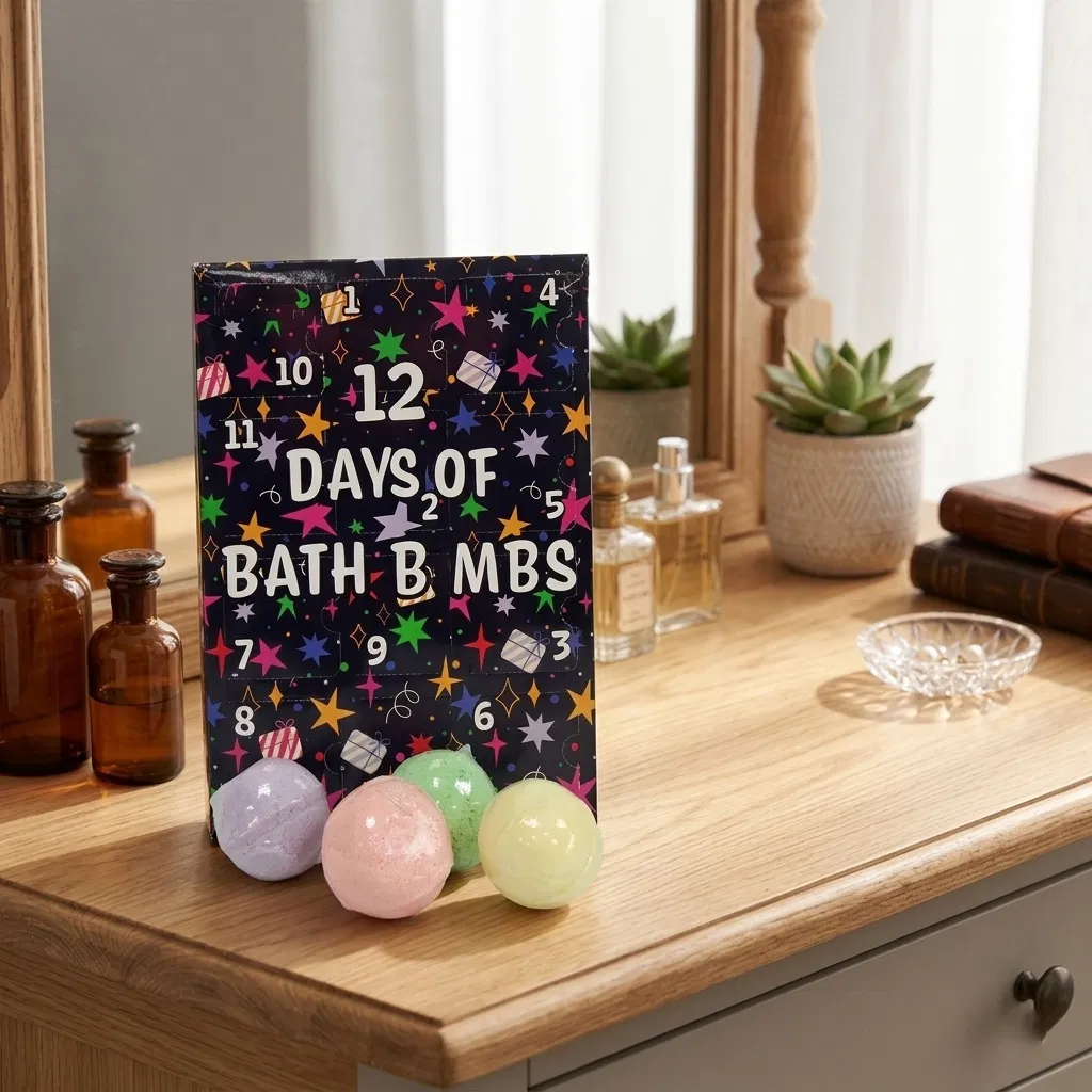 Abode Home & Gifts 12 Days of Bath Bombs advent calendar styled on an oak dressing table next to glass perfume bottles and vanity mirror.
