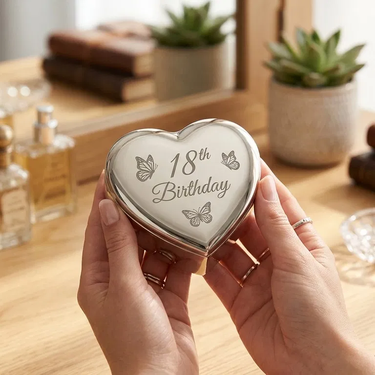 Abode Home & Gifts 18th Birthday engraved nickel-plated heart trinket box held over a wooden dressing table with perfume bottles and a vanity mirror.