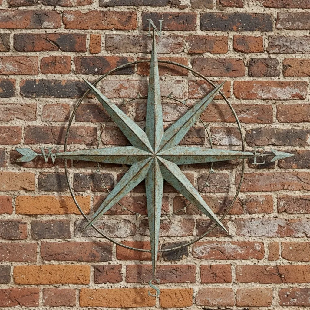 A large, eight-pointed metal compass rose with a weathered, verdigris patina (distressed teal/turquoise colour) mounted centrally on a rustic red brick wall. The points are bold and star-like, and the cardinal directions (N, S, E, W) are clearly marked on a surrounding metal ring.