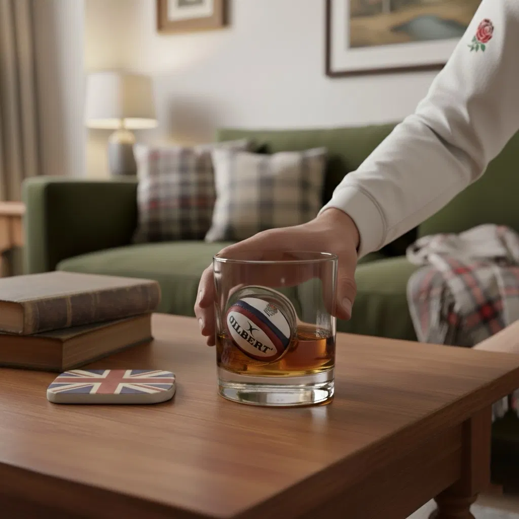 Close-up of a hand holding a whisky glass containing amber liquor, featuring a glass sculpture of an English rugby ball inside the base. The glass is sitting on a wooden coffee table in a living room, making it an ideal gift for an English rugby fan or whisky lover.