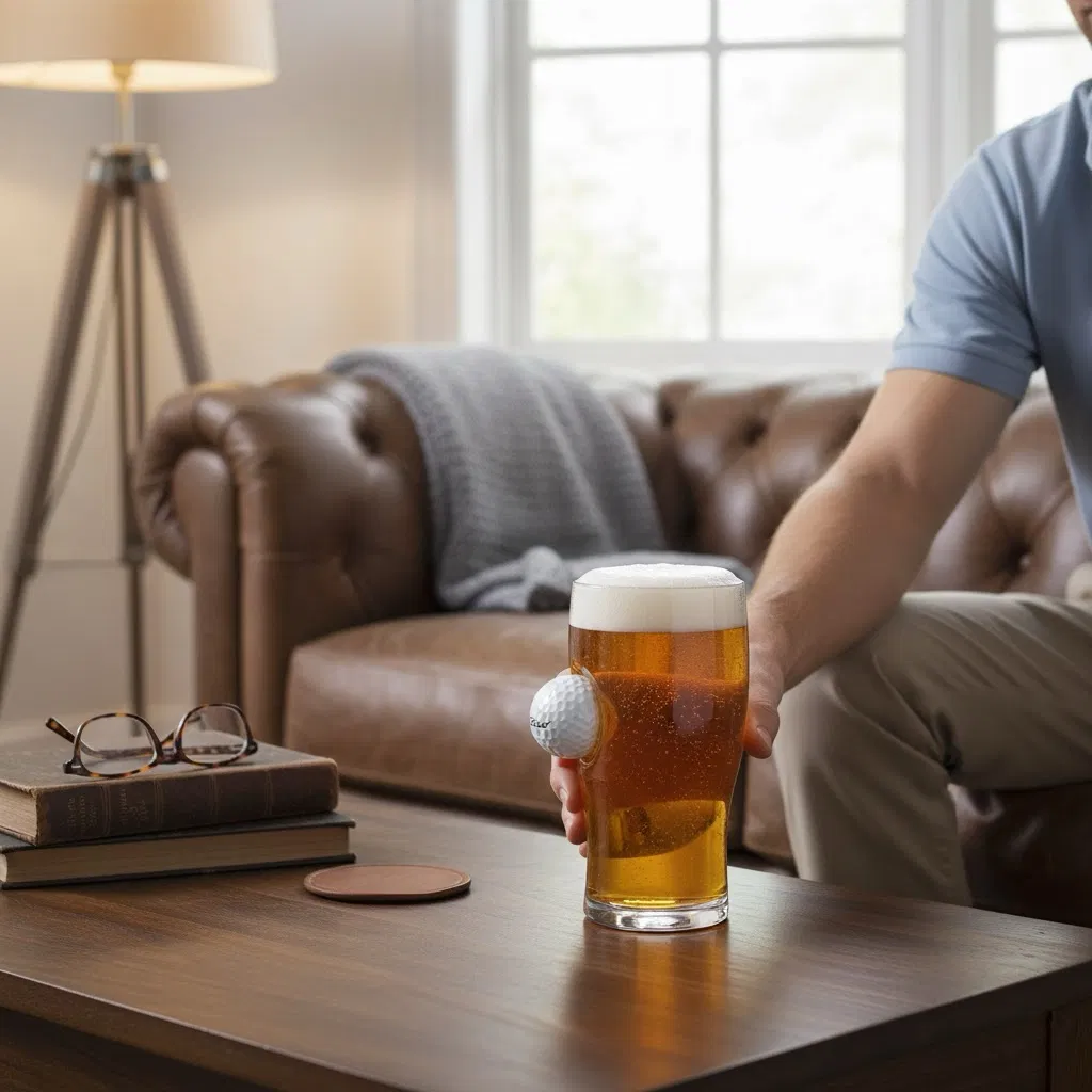 A man sitting on a brown leather sofa holding a pint glass filled with beer, featuring a glass sculpture of a golf ball embedded in the base. The glass rests on a wooden coffee table next to stacked books and leather coasters in a cozy living room. Ideal unique gift for a golfer and beer enthusiast.