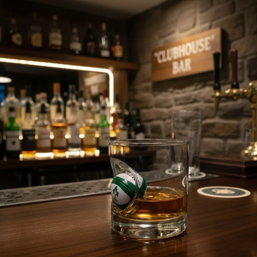 A personalised whisky tumbler half-filled with amber spirit, featuring a small, white and green Irish Rugby ball (or Rugby Union) embedded into the side of the glass. The glass is resting on a wooden bar counter in a dimly lit 'Clubhouse Bar,' ideal for celebrating a match or a special victory. Perfect gift for Irish rugby fans, players, or coaches.