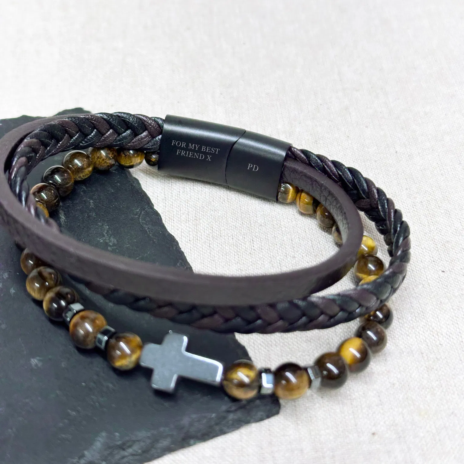 Personalised Men's Dual Tiger's Eye and Leather Cross Bracelet - main product image
