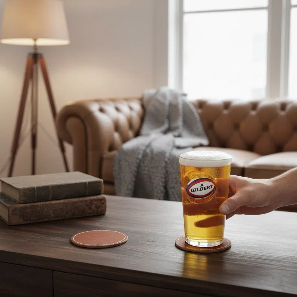 Personalised pint glass with a foamy lager and a Gilbert rugby ball logo, held in a hand in a cosy living room setting.