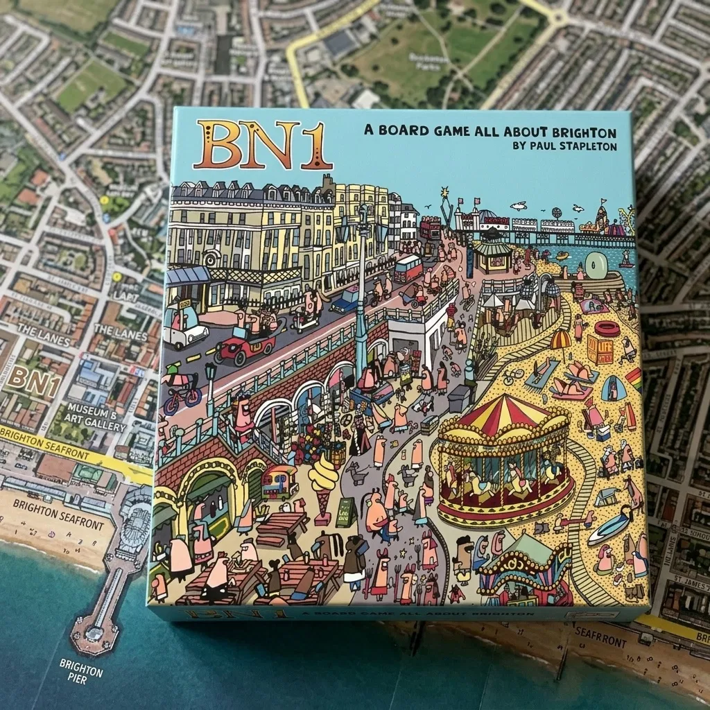 BN1 A Board Game All About Brighton box displayed flat from a top-down view over its illustrated map game board.
