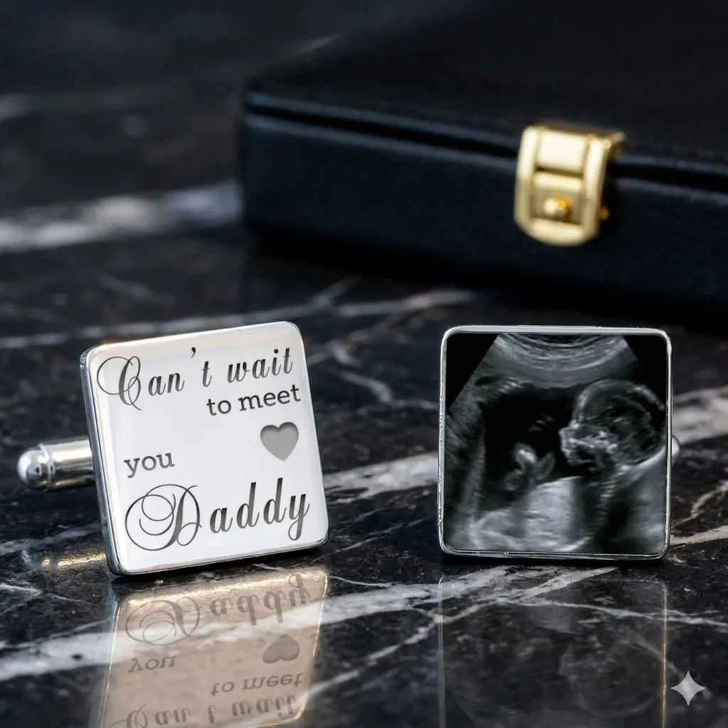 Personalised baby scan cufflinks by Abode Home & Gifts featuring engraved text and an ultrasound photo on a dark marble surface.