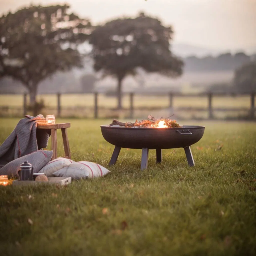 A large, dark cast iron fire pit on a tripod base, burning logs outdoors on a grassy field at dusk, with a cozy scene set beside it featuring a wooden stool, a blanket, pillows, and a tray with a coffee pot and candles.