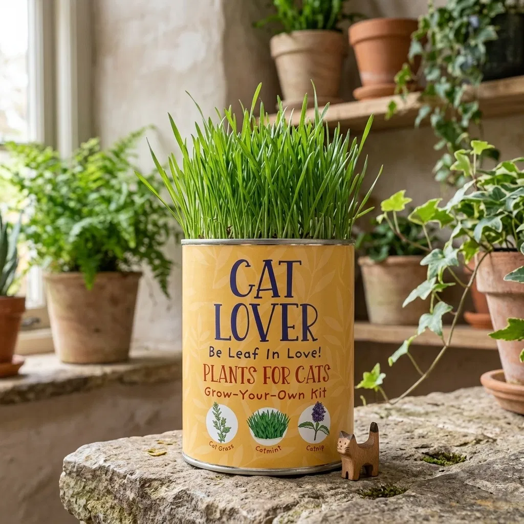 Cat Lovers Eco Grow Your Own Plant Kit tin filled with sprouted green cat grass on a rustic stone window ledge.