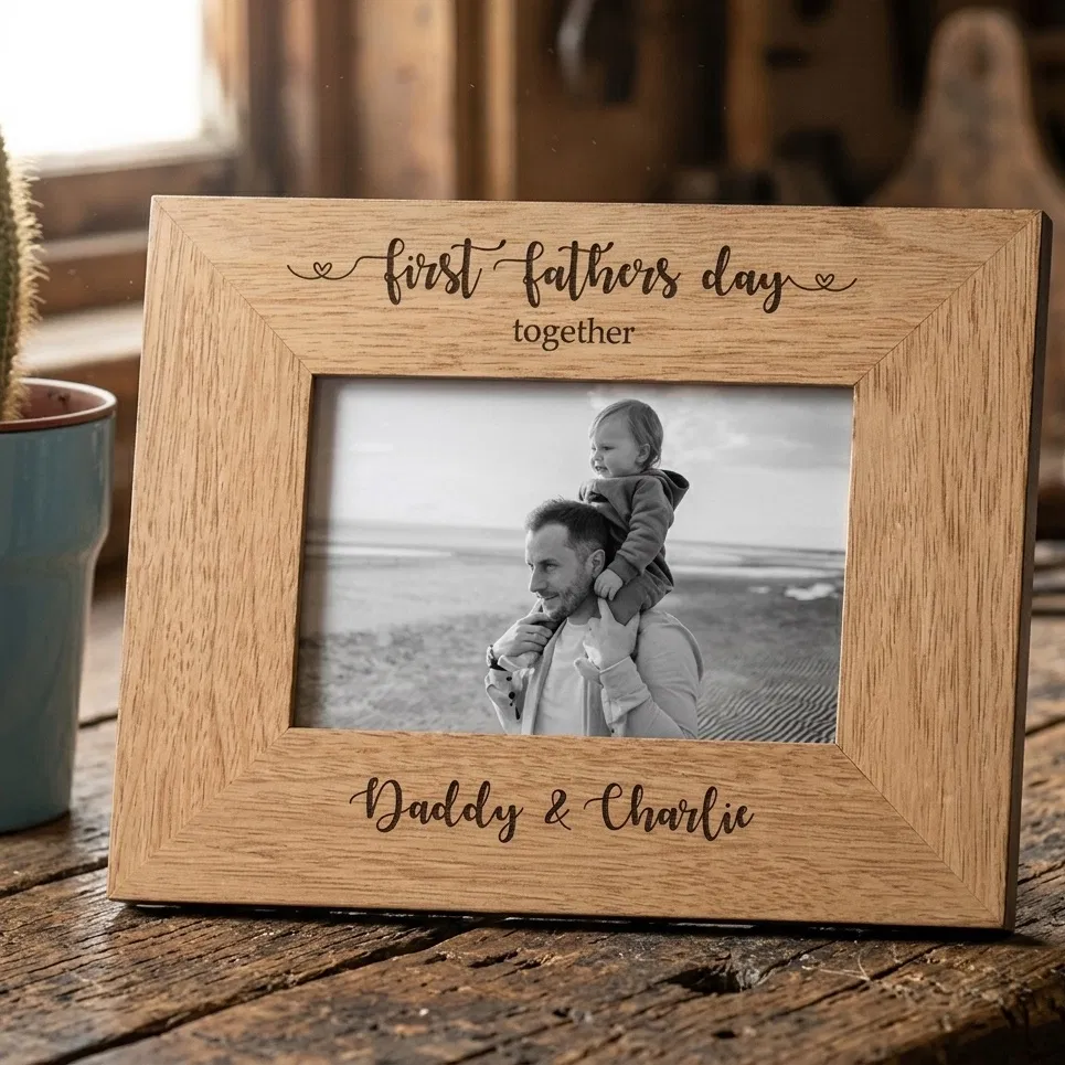 Personalised First Fathers Day Together oak frame by Abode Home & Gifts resting on a rustic, weathered wooden tabletop.