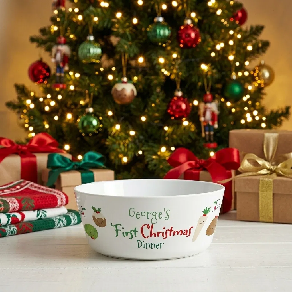 A white plastic children's dinner bowl printed with 'George's First Christmas Dinner' and cartoon holiday illustrations, sitting in front of a lit Christmas tree.