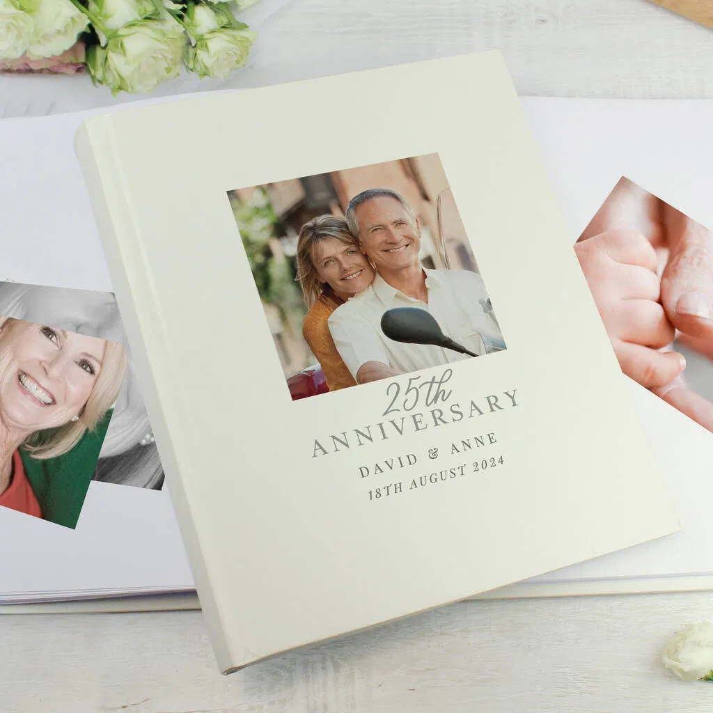 ersonalised 25th Anniversary Picture Album with custom photo on the cover, showing fixed text '25th ANNIVERSARY' and personalised names and date.