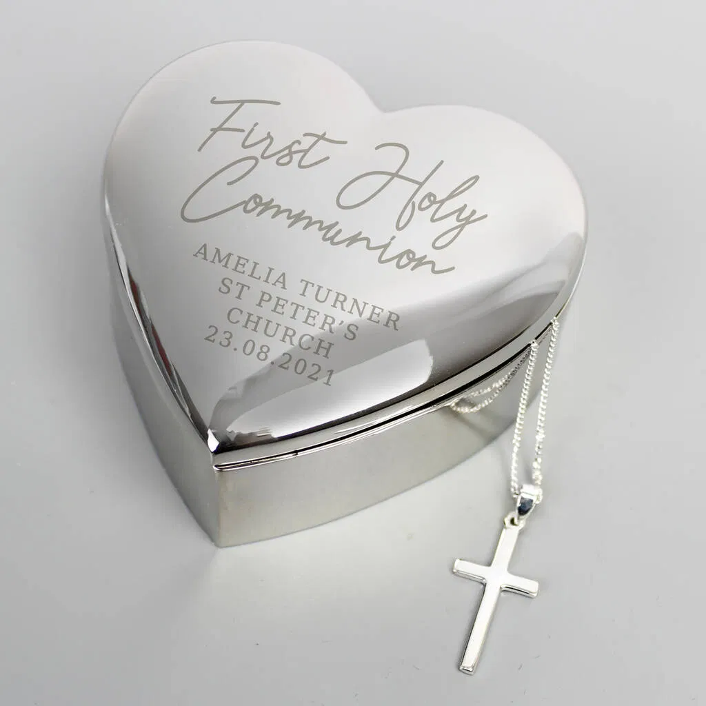 Personalised First Holy Communion Heart Trinket Box And Cross Necklace - main product image