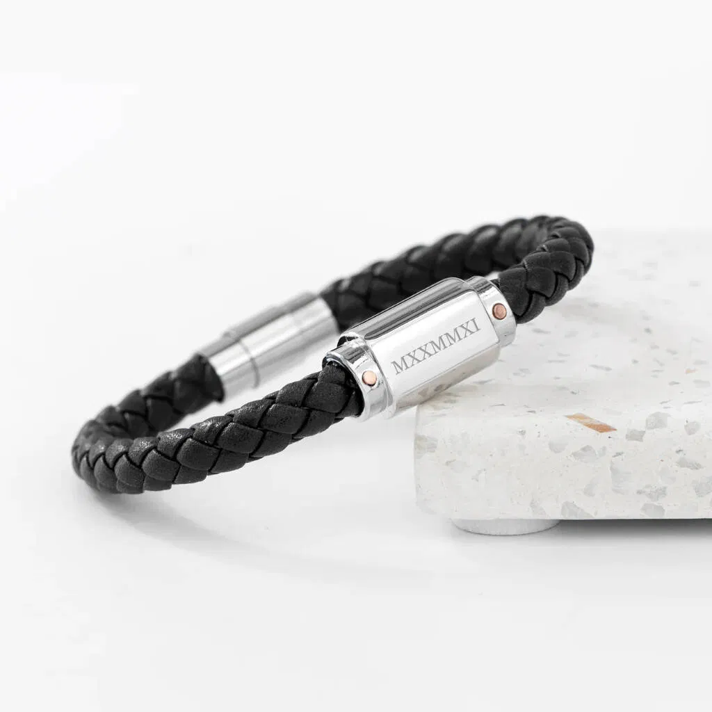 Personalised Men's Roman Numerals Woven Leather Bracelet - main product image
