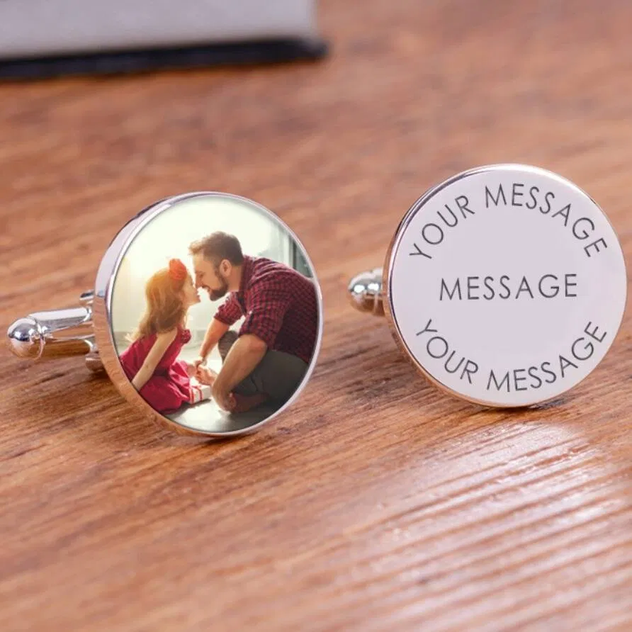 Personalised Photo Upload Cufflinks with a child and father on one side, and an engraved message on the other reading: 'I'll always be your little girl'. Ideal sentimental gift for Father's Day or a wedding.