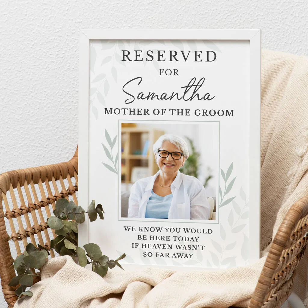 ersonalised 'Reserved For' Memorial Framed Print for a wedding, honouring Nana Linda, Nana of the Bride, with a photo and heartfelt message.