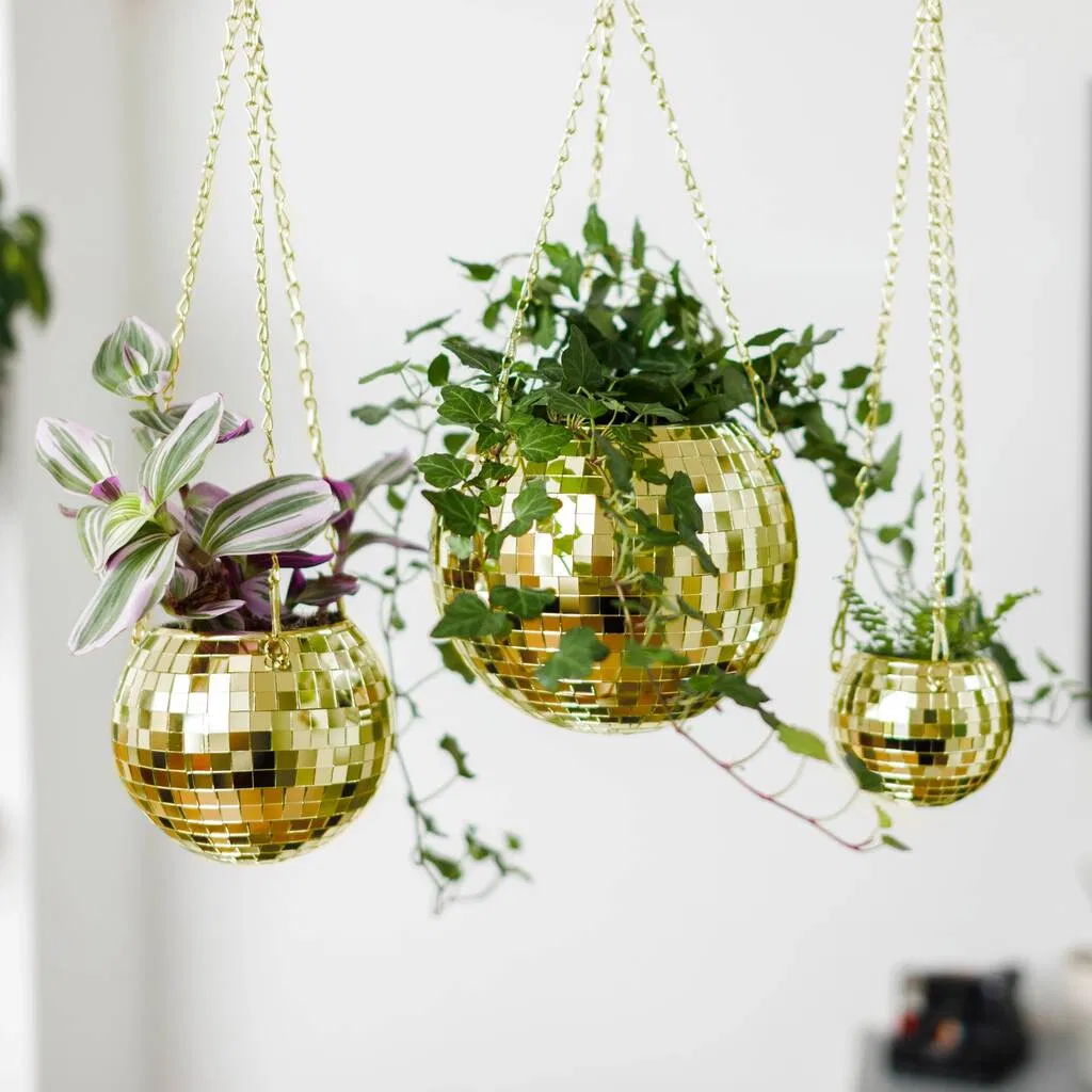 Gold Disco Ball Hanging Planter - detail view