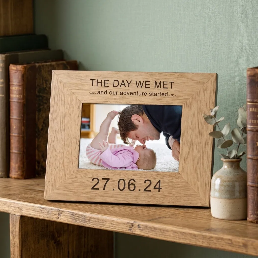 Abode Home & Gifts personalised oak picture frame engraved with "The Day We Met" sitting on a wooden bookshelf between vintage books and a small ceramic vase.