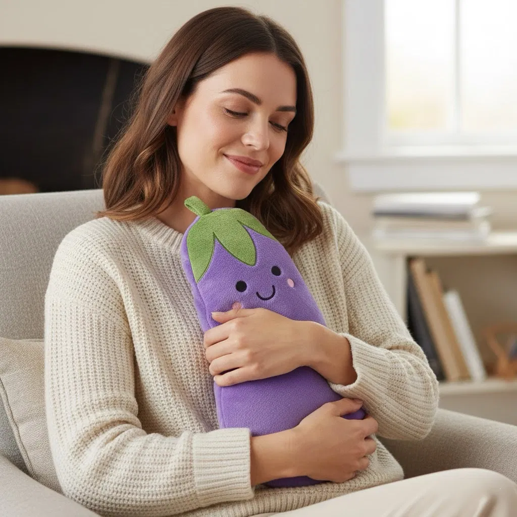 Woman hugging a plush, purple aubergine-shaped hot water bottle with a cute, smiling face cover on a sofa.