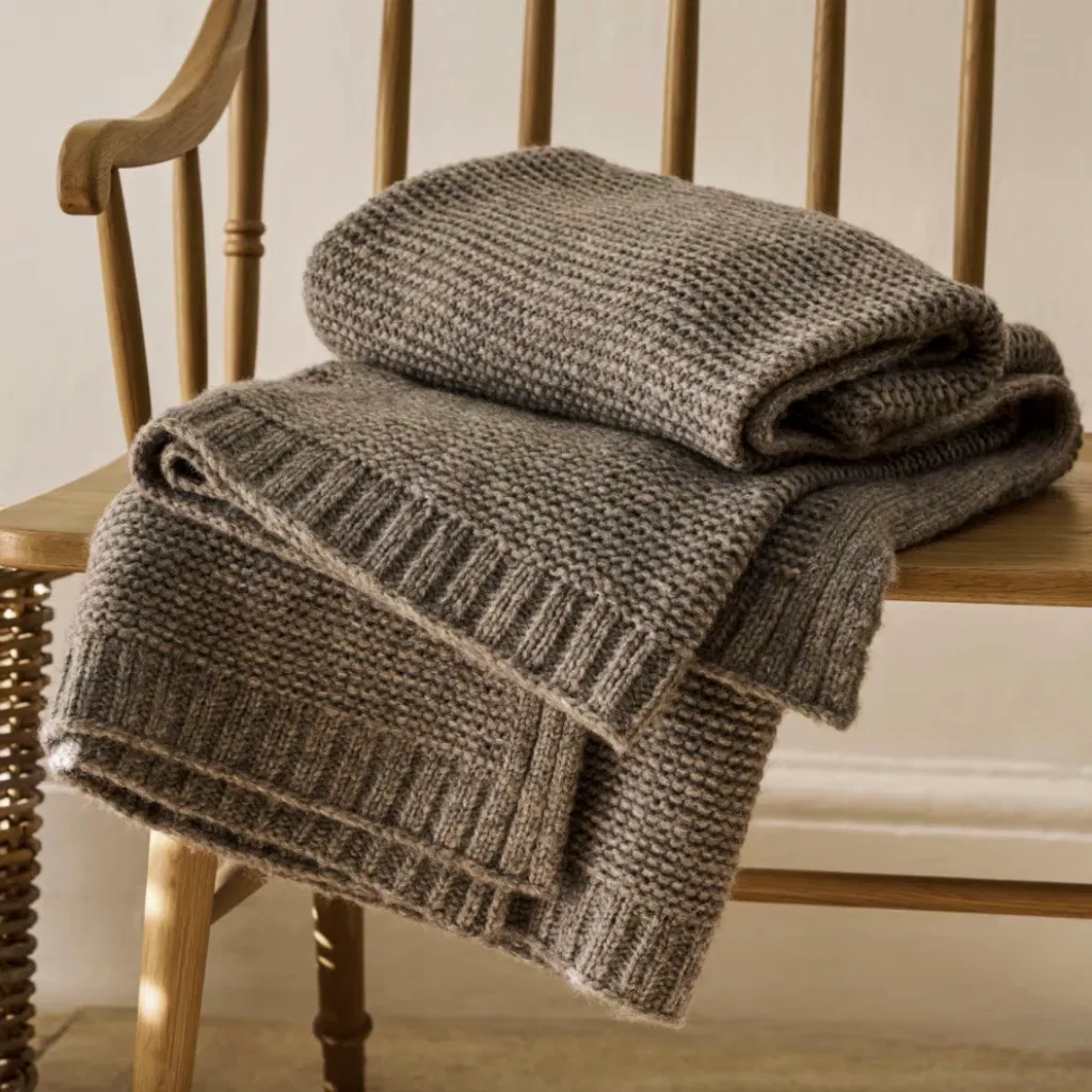 Thick, chunky knit wool throw blanket in a natural taupe or brown-grey colour, featuring a seed stitch or moss stitch pattern and rib-knit border, folded over a wooden spindle chair.
