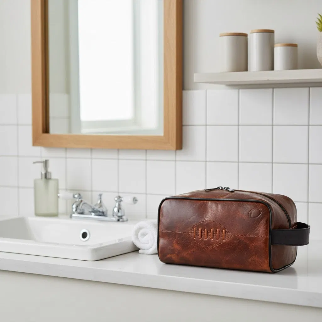 Buffalo leather wash bag with rugby ball stitching detail, sitting on a bathroom counter next to a sink.