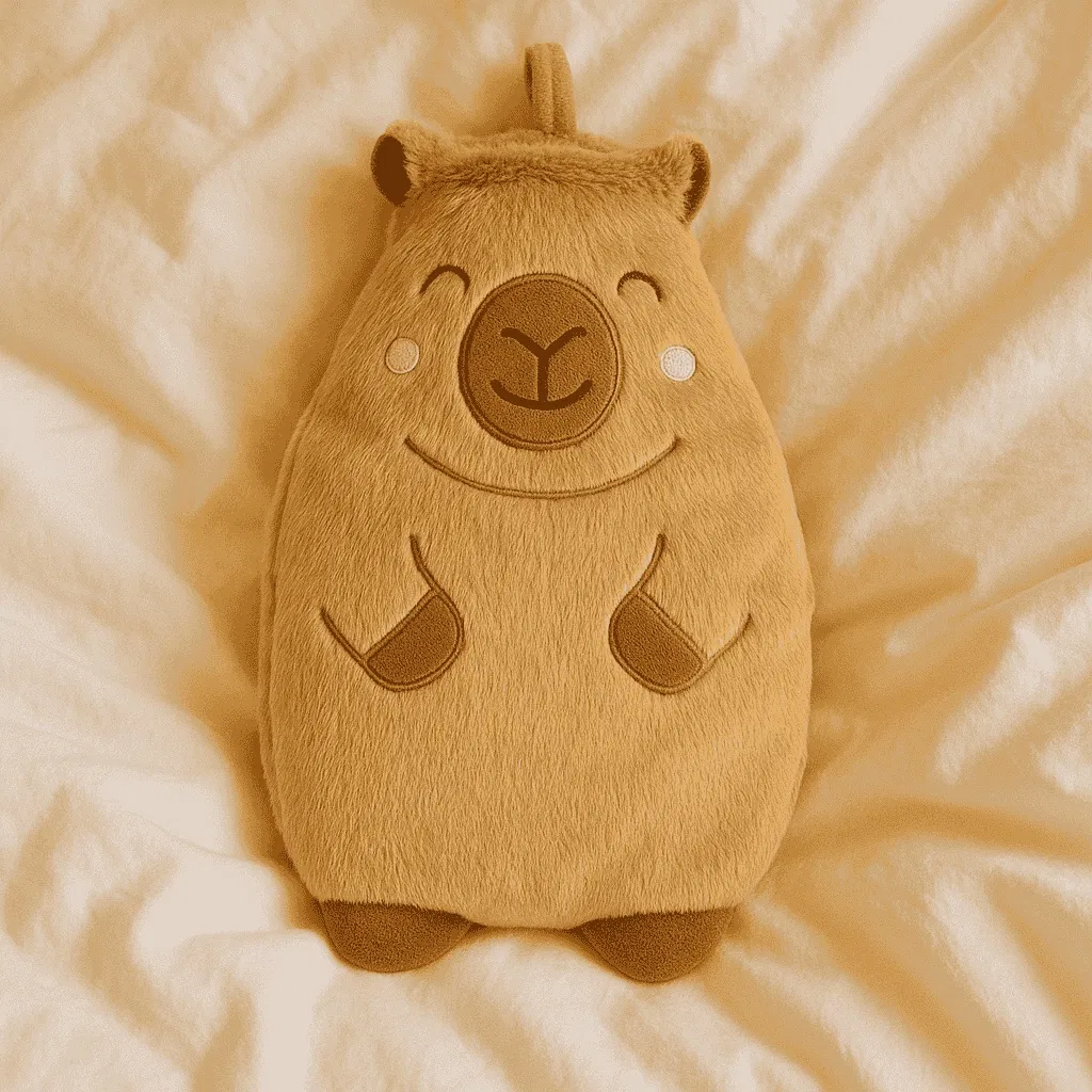A smiling, plush brown capybara hot water bottle lying on a light duvet, featuring a soft, fluffy texture and small ears, perfect for cuddling and keeping warm in bed.
