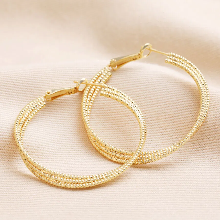 Gold Triple Layered Thread Hoop Earrings - main product image
