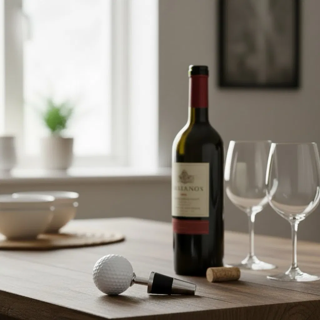 Silver and silicone bottle stopper with a white golf ball handle, resting on a wooden table beside a bottle of red wine and glasses.