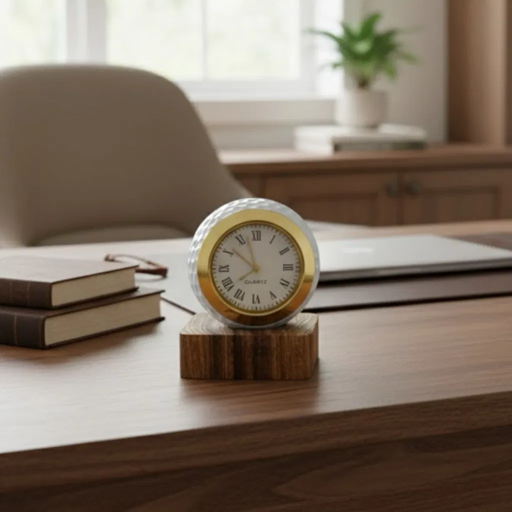 Desk clock featuring a golf ball casing and a gold-tone quartz face with Roman numerals, set on a wooden base.