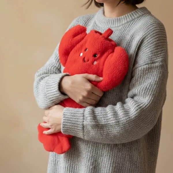 A person wearing a grey sweater holding a bright red plush lobster-shaped hot water bottle against their chest.