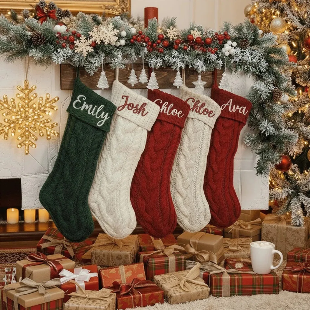 Five personalised cable knit Christmas stockings in deep red, cream, and forest green, each embroidered with a name, hung above a fireplace decorated with garland, lights, and wrapped gifts.