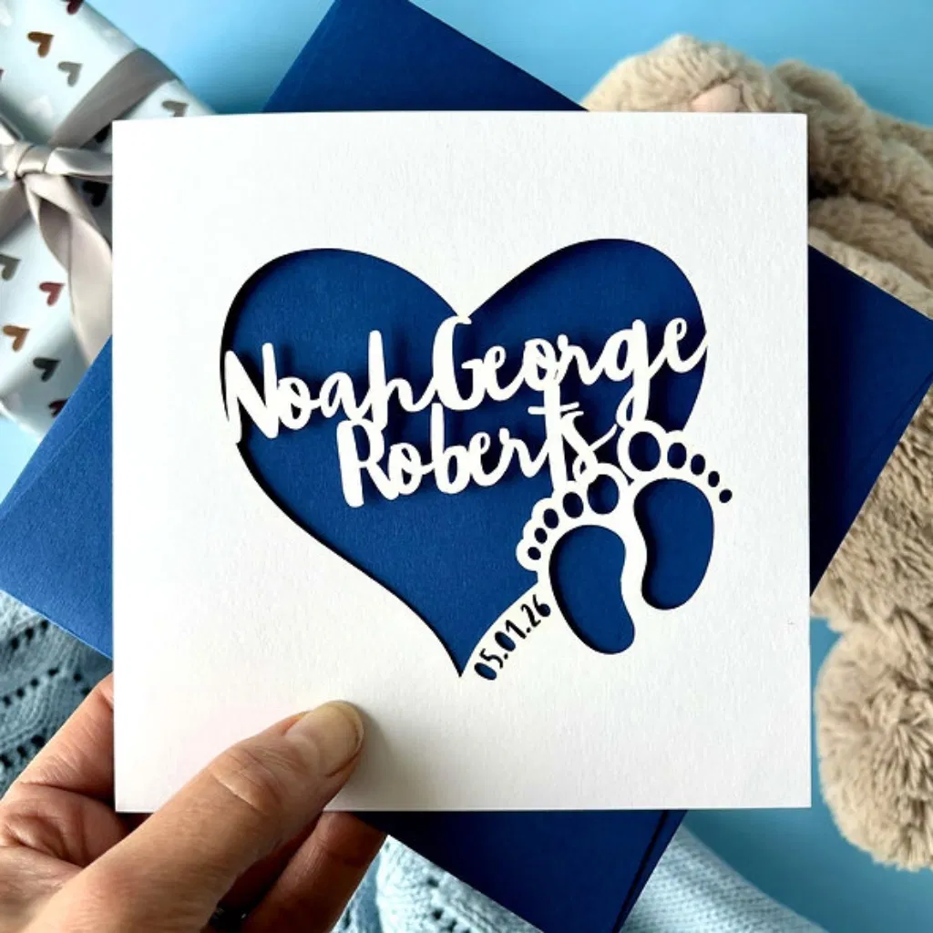 Paper Cut Heart Personalised New Baby Card - main product image