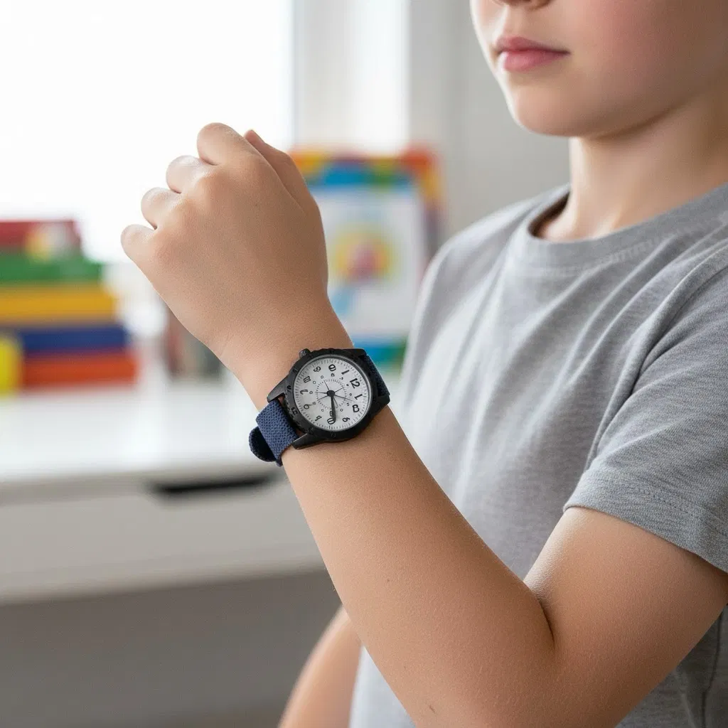 Close-up of a young boy wearing a personalised watch with a black case, white dial, and navy blue strap. The watch features clear, easy-to-read numbers, making it ideal for learning to tell time. Engraved gift for boys.