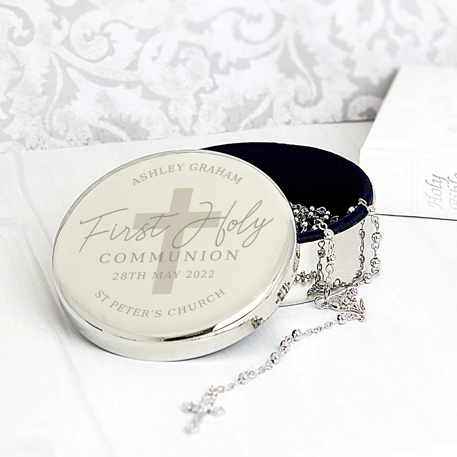 Personalised First Holy Communion Round Trinket Box and Rosary Beads