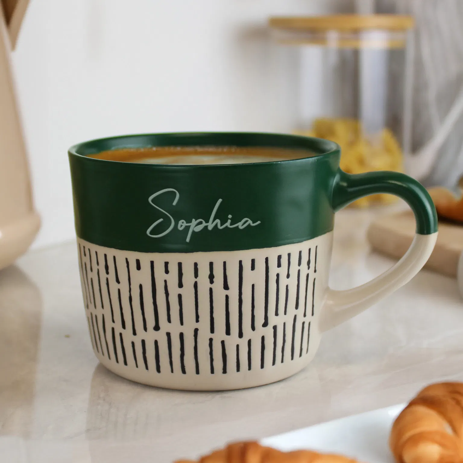 Two-tone green and beige personalised ceramic mug with name