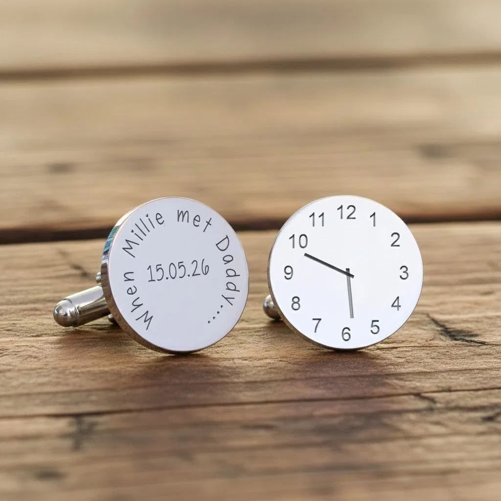 Custom engraved time cufflinks for a new father, a unique baby arrival gift presented on a vintage wooden surface.