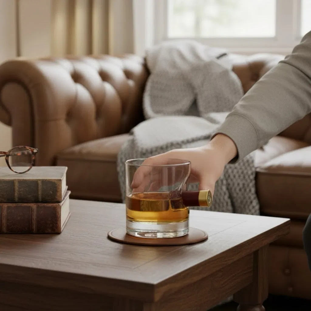 A personalised, heavy-bottomed whisky tumbler half-filled with amber scotch, featuring a realistic shotgun cartridge casing embedded into the side of the glass. The glass is resting on a leather coaster on a wooden coffee table in a cozy, masculine room with a leather sofa. Ideal gift for hunters, shooting enthusiasts, or military veterans.