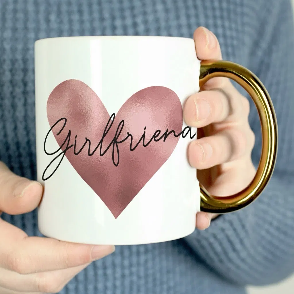 person holding white mug with girlfriend text metallic heart