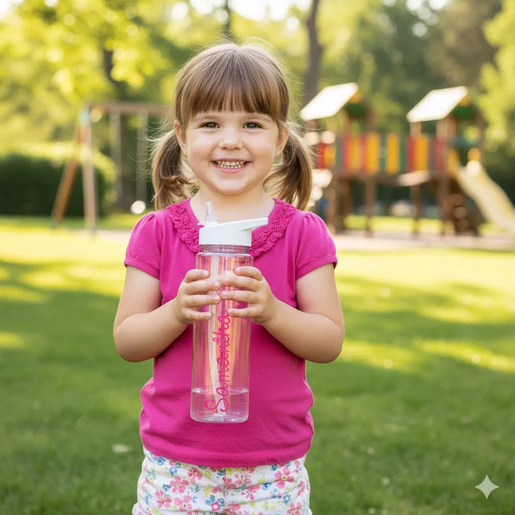 Smiling young girl with pigtails holding a clear personalised pink water bottle with a straw lid and her name custom printed in a vertical design, standing in a sunny park with a playground in the background.