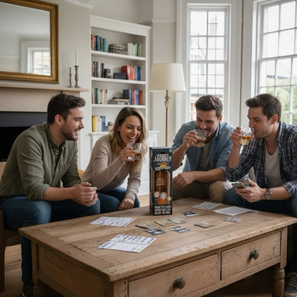 Four young adults are sitting around a rustic wooden coffee table in a bright, modern living room, laughing and drinking amber liquid from whisky tumblers. In the centre of the table sits the tall, rectangular box for the "Whisky Journey" escape room game, surrounded by various game cards and clues. The scene conveys a fun, social, and sophisticated adult game night experience. Ideal for whisky lovers, couples, or friends seeking an immersive home escape room game.