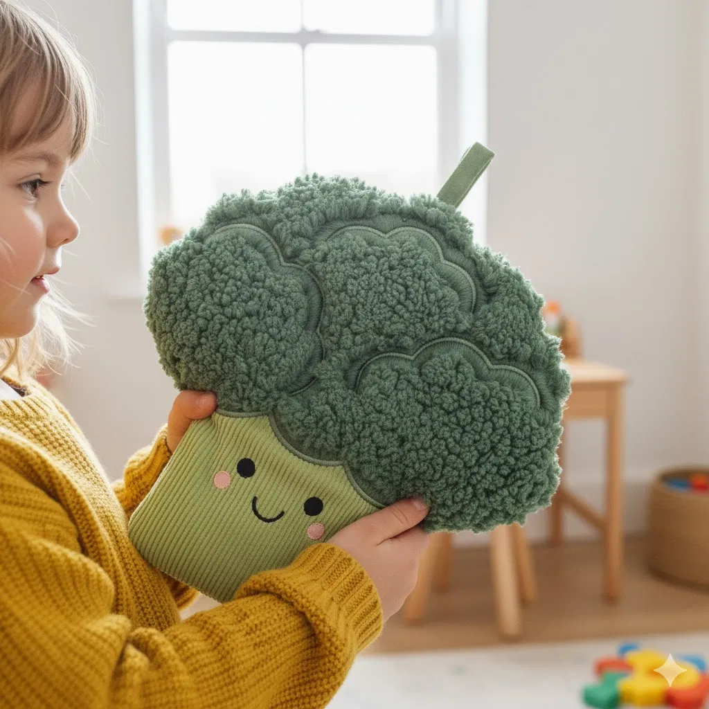 A smiling child wearing a yellow jumper holding a novelty hot water bottle shaped like a soft green broccoli floret, featuring a fluffy texture and a friendly embroidered face