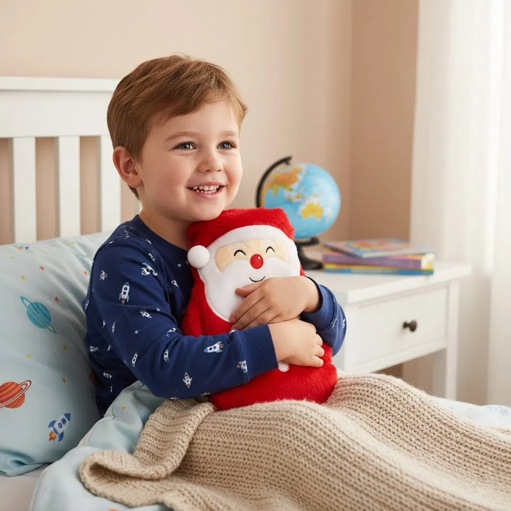 A smiling young boy in blue pyjamas sitting up in bed, happily cuddling a fluffy red and white Santa Claus hot water bottle cover, with a bedside table and a globe visible in the background.