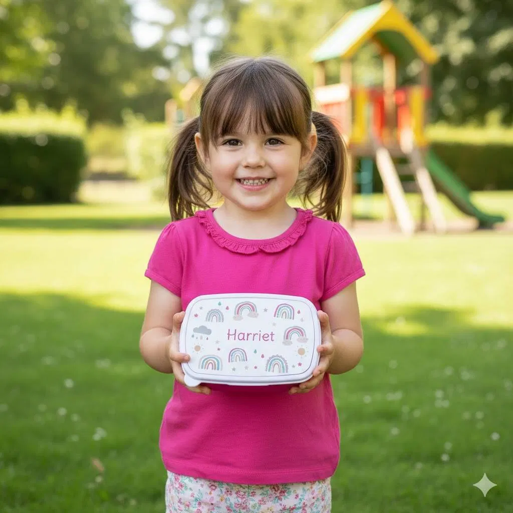 Personalised children's lunch box with a bright rainbow and cloud pattern, featuring the child's custom name prominently printed on the lid, ready for school or daycare.