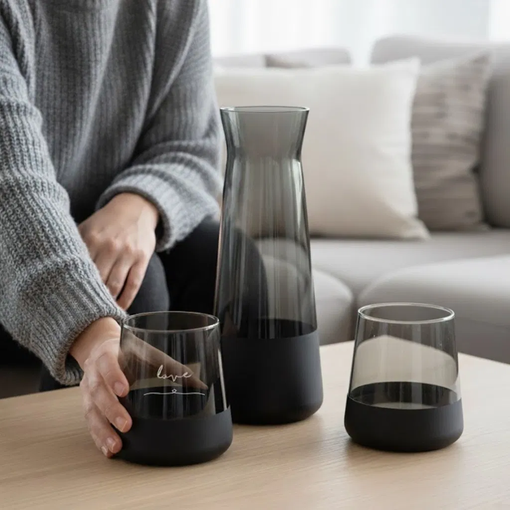 A modern glassware set, including a tall, narrow decanter and two matching tumblers, featuring a smoky grey glass top and a solid black base, with one tumbler showing the personalised engraved word 'love' in script, set on a wooden table in a living room.
