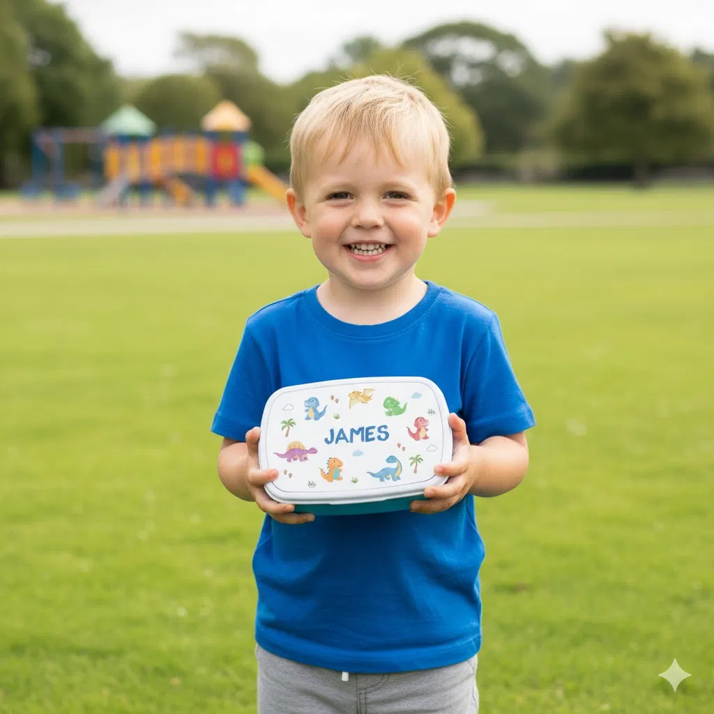 Smiling young boy in a blue shirt holding a white and blue personalized lunch box featuring a colorful cartoon dinosaur pattern and his custom name 'JAMES', standing in a sunny park with a playground in the background.