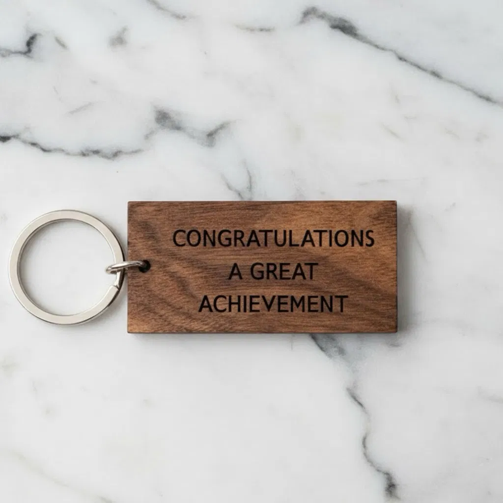 Personalised rectangle keyring made from dark walnut wood, engraved with the text 'CONGRATULATIONS A GREAT ACHIEVEMENT', attached to a metal split ring, displayed on a white marble surface.