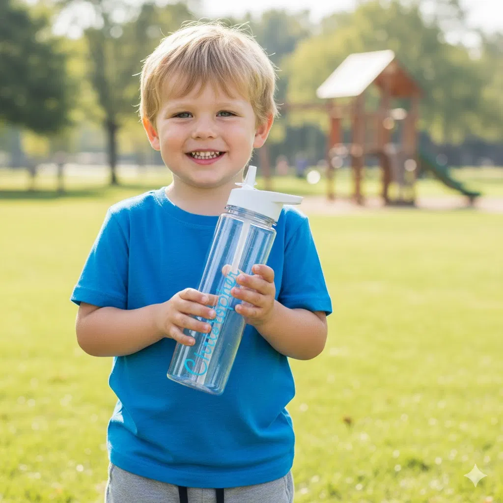 Smiling young boy in a bright blue shirt holding a clear personalised water bottle with a straw lid and his custom name 'Archie' printed in blue, standing in a sunny park.