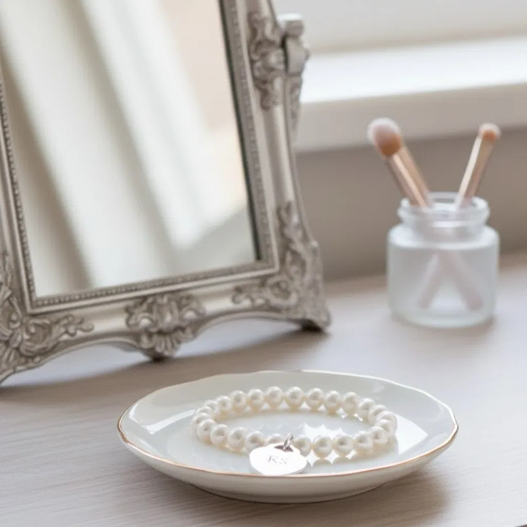Elegant white faux pearl beaded bracelet with a silver heart charm engraved with the initials 'RS', displayed on a white tray with gold trim next to a vintage vanity mirror and makeup brushes.