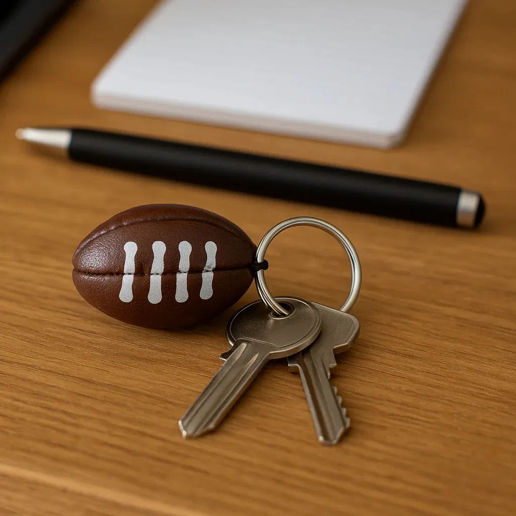 Small, textured rugby ball keyring with a silver ring, resting on a wooden side table in a home entryway.