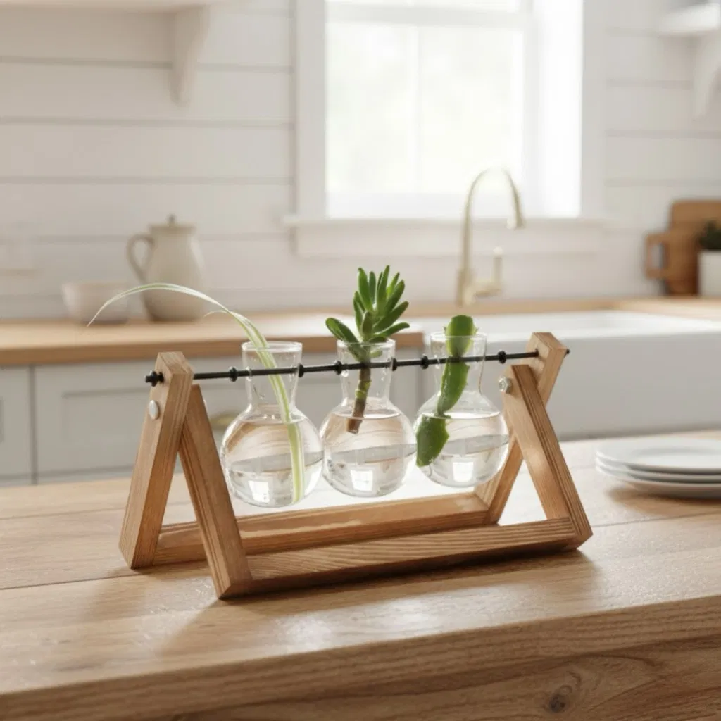 Propagation station with three glass vases and a wooden stand, displayed on a rustic wooden farmhouse kitchen table in front of a shiplap backsplash and a farmhouse sink.